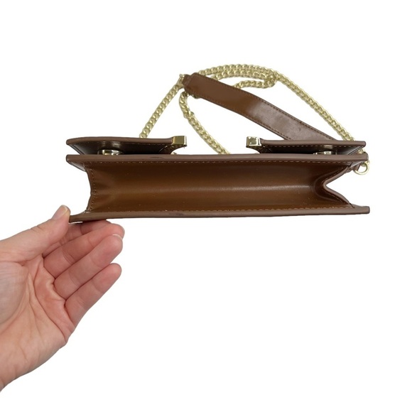 Faux Leather Brown Structured Gold Tone Horseshoe Chain Purse - Picture 2 of 13